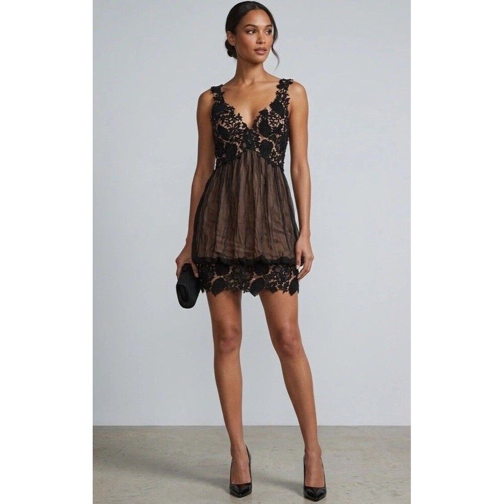 Jovani Black Lace Beaded Rhinestone Illusion Mini Dress Women 6 Evening Designer